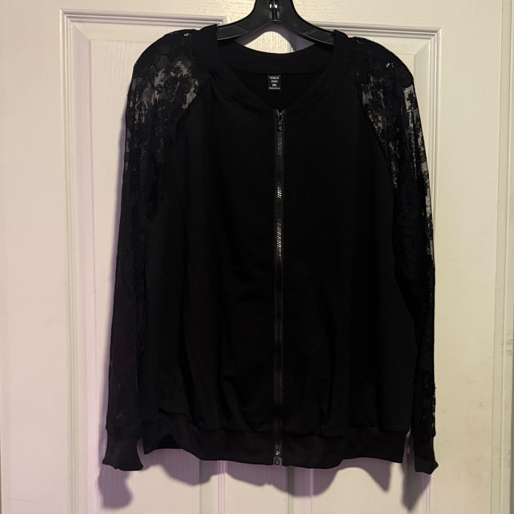 SHEIN Black Bomber Jacket with Lace Sleeves plus size
